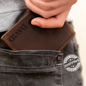 Cartera de cuero personalizada para hombre, regalo para aniversario, graduación, papá, novio, él, esposo, padre, billetera personalizada grabada a mano