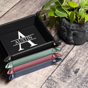Initial Engraved Valet Tray Gift for Dad, Personalized Leather Catchall for Men, 3rd Anniversary, Monogrammed Home Decor, Gift for Him