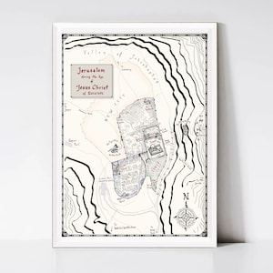 Tolkien LotR Style Map of Jerusalem in Jesus's Day, hand drawn unique bible art, Lord of the Rings