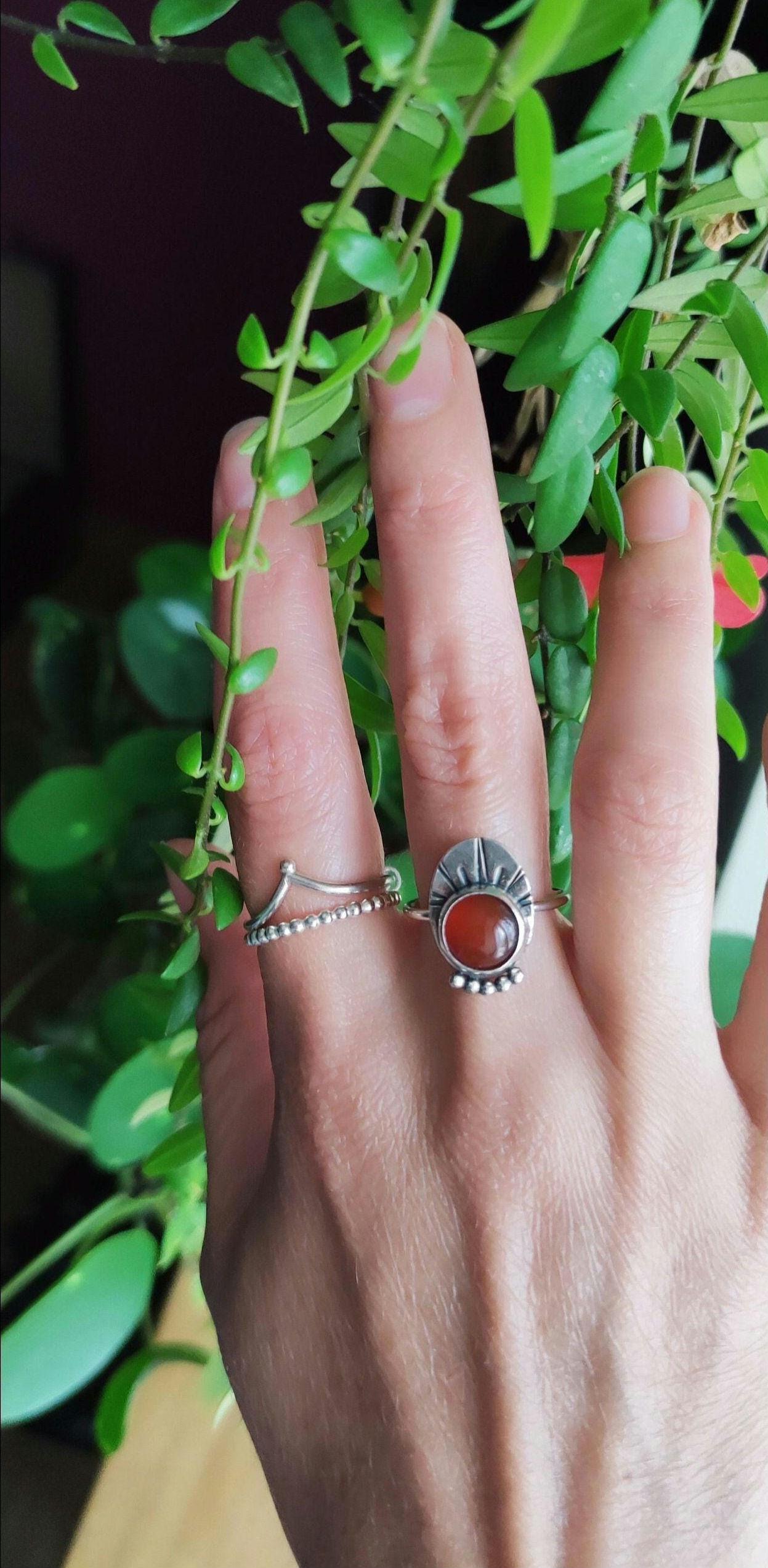 Bague Ancienne En Argent 925 Et Cornaline - Taille 56 - Style Antique - Occasion