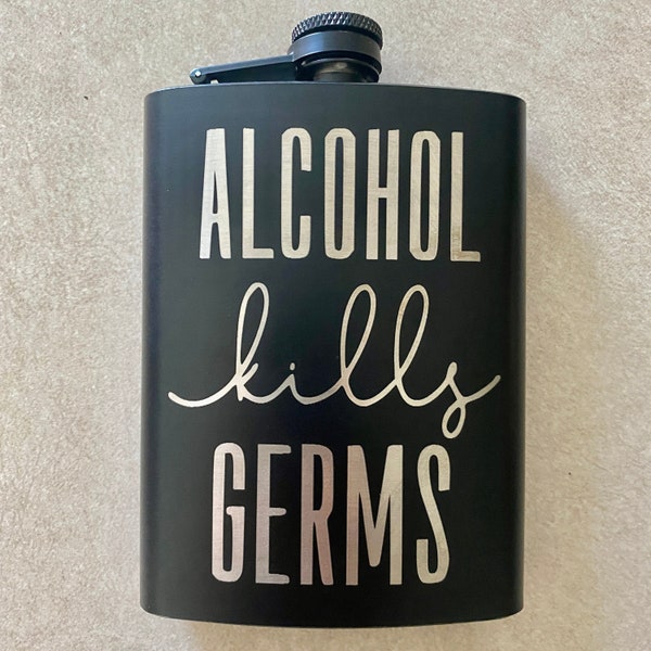 Alcohol Kills Germs 8 oz. Black Stainless Steel Funny Engraved Travel Hip Flask Alcohol Whiskey Vodka Tequila Gift