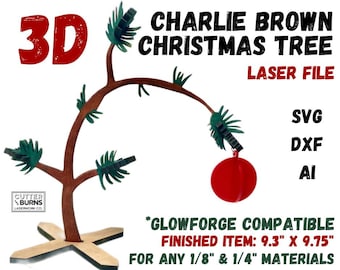 May include: A 3D Charlie Brown Christmas tree laser file. The tree is brown with green accents and a red ornament. The text on the image says "3D CHARLIE BROWN CHRISTMAS TREE LASER FILE". Finished item dimensions are 23.6 cm x 24.8 cm.