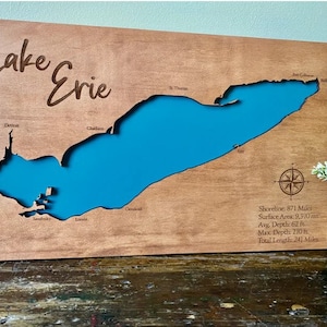 Lake Erie Great Lakes Layered Laser Cut Engraved Map Wall Hanging Decor Sign