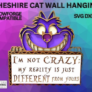 Chat Cheshire découpé au laser Alice au pays des merveilles Je ne suis pas fou Double couche Suspension murale - SVG DXF AI - Fichier laser