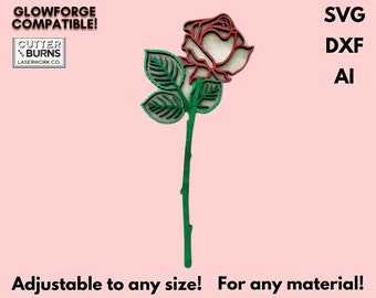 Flor de rosa de tallo largo cortada con láser - Regalo de amor del día de San Valentín Boda de aniversario - SVG DXF AI - Archivo láser