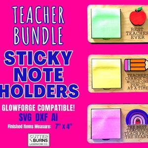 May include: A set of three wooden sticky note holders with different designs. Each holder features a space for a sticky note and a decorative design. The designs include an apple with the text "Best Teacher Ever", a pencil with the text "Teachers Change the World One Pencil at a Time!" and a rainbow with the text "The Best Teachers Teach From the Heart!" The holders are 7 inches by 4 inches.