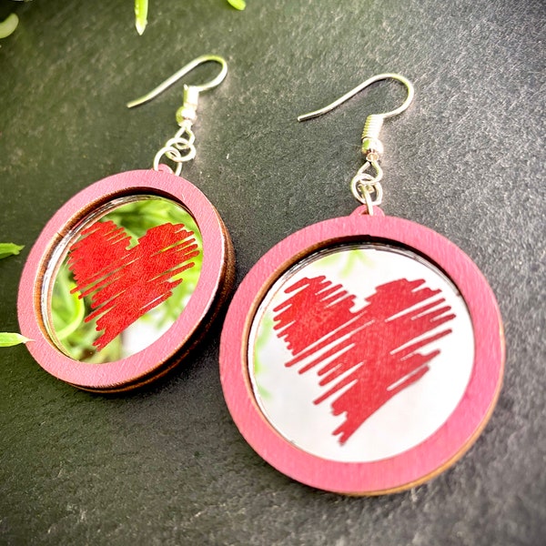 Scribble Heart Love Valentines Day Mirror Dangle Fashion Earrings