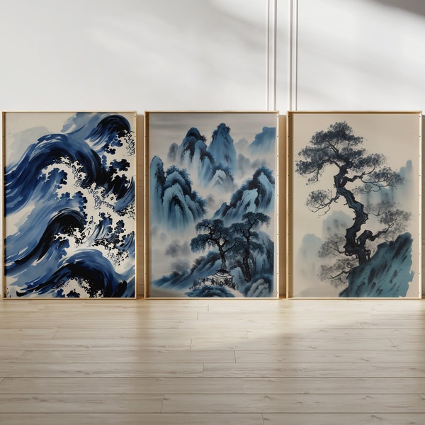 Downloadable Chinese Ink Prints - Set of 3 - Printable Wall Art - Traditional Asian Art - DIY Home Decor - Instant Download-Woodblock Prints