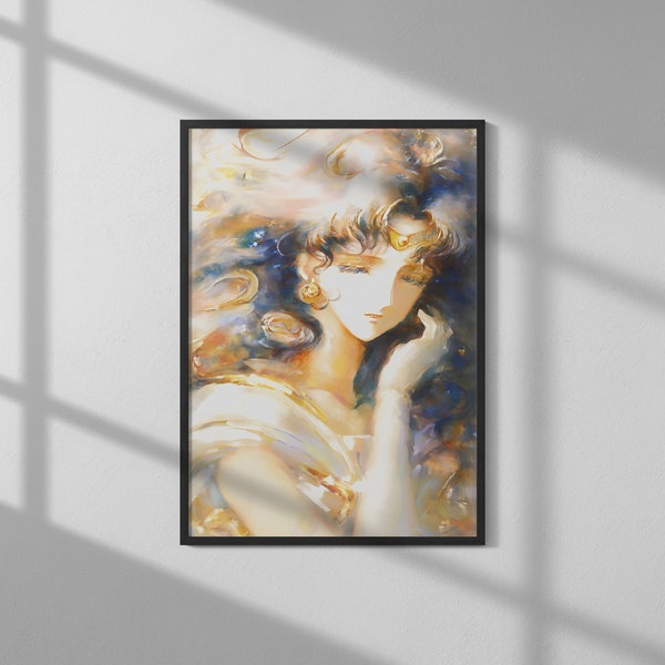 Ethereal Anime Art Print - Portrait féminin abstrait - Blanc, Or et Violet - Décoration murale moderne - Design esthétique - Idée cadeau