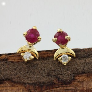 Solid 14K Gold Natural Ruby Diamond Stud Earrings, Delicate Stud Earrings, Color Variation Available, July Birthstone, Gift For Women