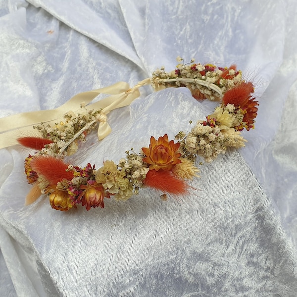 Couronne de fleurs séchées orange, couronne de mariée, Couronne de filles fleurs séchées, Couronne de fleurs faite main, Couronne de tête