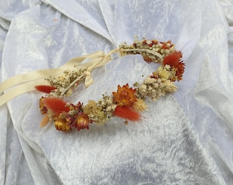 Couronne de fleurs séchées orange, couronne de mariée, Couronne de filles fleurs séchées, Couronne de fleurs faite main, Couronne de tête