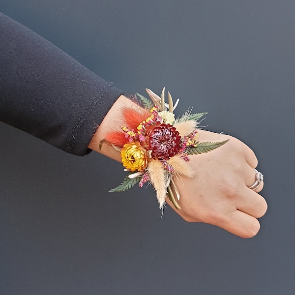 Bracelet fleurs séchées, Accessoire mariage, Bracelet mariage, demoiselle d'honneur, Terracotta, ton orangé, mariage coloré