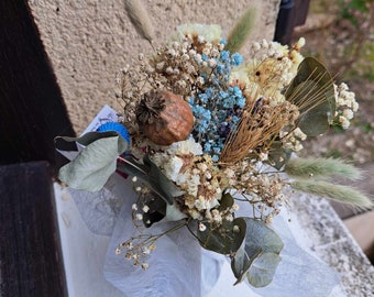 Bouquet fleurs séchées raffiné, bouquet cocoon, romantique, bleu clair, blanc, beige