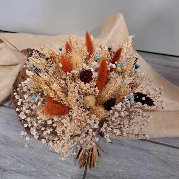 Bouquet de mariée champêtre ''Rosalina'', fleurs séchées colorées et raffinées