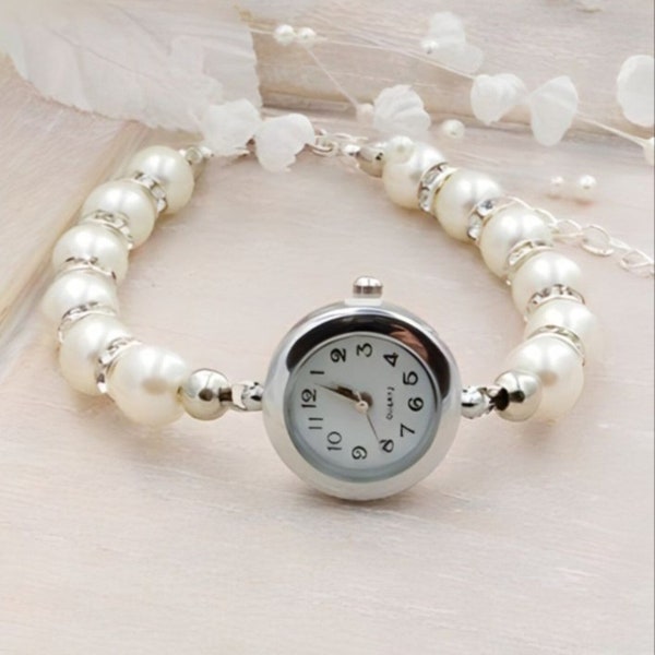 Ivory Pearl Bracelet Watch Beaded Bracelet Watch Bridal White Pearl Bracelet Wedding Jewelry Pearl Watch Ladies Watch Womens Watch Gift