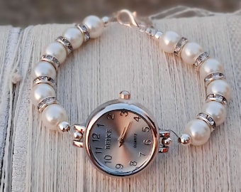 Ivory Pearl Bracelet Watch Beaded Bracelet Watch White Pearl Bracelet Wedding Jewelry Pearl Man For Women's Watch Wedding Gift Everyday Free