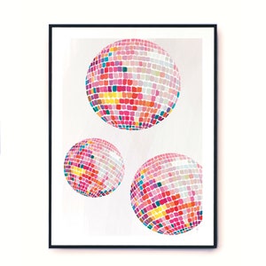 3 disco ball pink, art, print, wall art, poster, disco ball painting, A3, A4, A5, 8x10 inches, recyclable paper art print