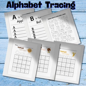 May include: A set of printable alphabet tracing worksheets for kids. The worksheets feature uppercase and lowercase letters, as well as illustrations of a cookie, a donut, and a banana. The text on the worksheets says "Tracing Letters" and includes the names of the illustrations.
