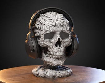 Soporte para auriculares con calavera de dragón cíborg impresa en 3D: decoración de fantasía feroz para gamers y coleccionistas