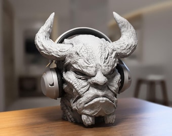 Horned Demon 3D Printed Headphone Stand – 20cm Cyber Skull Design | Single-Piece |