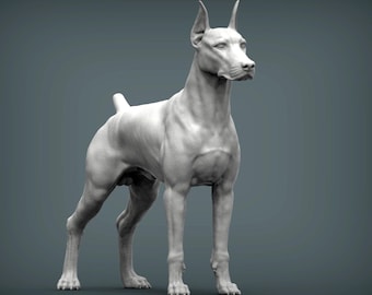 May include: A detailed, monochromatic sculpture of a Doberman Pinscher dog in a standing pose. The dog has a sleek, muscular build with erect ears and a focused gaze. The sculpture is set against a solid, neutral background.