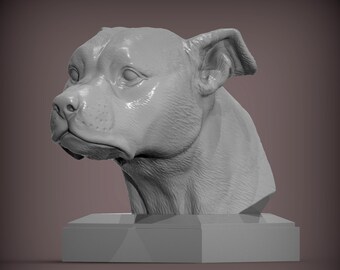 Puede incluir: Una escultura gris de la cabeza y la parte superior del cuerpo de un perro, apoyada sobre una base rectangular. Los rasgos del perro son detallados, con textura de pelaje visible y una expresión concentrada. La escultura es una pieza monocromática sólida.