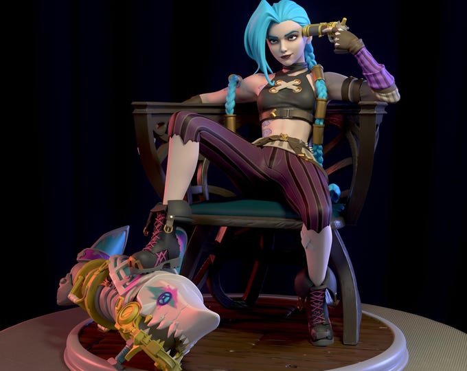 Featured listing image: League of Legends Jinx Figure | 3D Printed Gunner Girl Model | Gaming Desk Decor | Gamer Gift | Collectible Statue