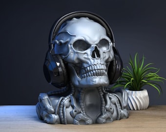 Cyborg Skull-Inspired 3D Printed Headphone Stand – Robotic Skull Design for Gamers & Collectors