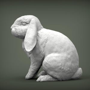 May include: A white, three-dimensional sculpture of a seated rabbit with floppy ears. The rabbit is rendered in a realistic style, with detailed fur texture and a soft, rounded form. The sculpture is set against a muted green background.