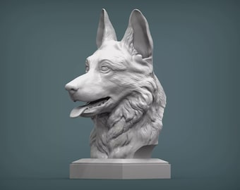 Puede incluir: Escultura blanca de la cabeza de un perro pastor alemán, con detalles de pelaje y rasgos faciales. La boca del perro está ligeramente abierta, con la lengua visible. La escultura está montada sobre una base rectangular.