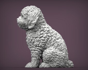 May include: A 3D-rendered, white, seated dog figurine with a curly coat. The dog is facing left, with its head and body in profile. The background is a solid, muted purple.