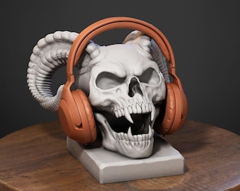 Soporte para auriculares impreso en 3D inspirado en una calavera chillona: diseño de demonio con cuernos para jugadores y coleccionistas