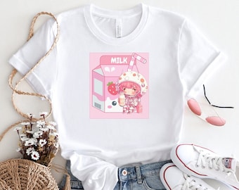 Koszulka z mlekiem truskawkowym Kawaii Koszulka astronauta Japońskie ubrania Koszulka z mlekiem brzoskwiniowym Harajuku Koszulka Kawaii Różowa koszulka Anime Prezenty, Estetyczne koszulki