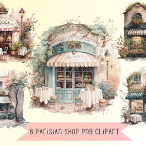 Parisian Shop Clipart Acuarela Ilustración 6 Parisian Cafe PNG Clip Art Instant Download, Party Decor Card Making Junk Journal Wall Art