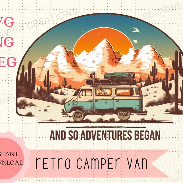 Retro Camper Clipart Svg Png Jpg Clipart, Retro Camping Tshirt, Camper Shirt, Retro Sunset Sticker, Gift for RV Lovers, Commercial Use Art