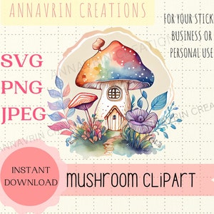 Watercolor Mushroom Cottagecore Clipart Svg Png, Mushroom Clipart Cottagecore svg, Digital Crafting Paper Crafting Junk Journal Mystical Art