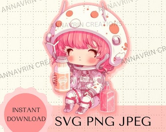 Kawaii Svg Design Instant Download, Cute Astronaut SVG PNG, Cute strawberry milk digital download Anime Editable Graphic Invitations, Cards