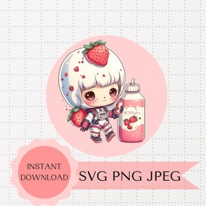 Kawaii Svg Design Descarga instantánea, Lindo astronauta SVG PNG, Linda descarga digital de leche de fresa Anime Invitaciones gráficas editables, Tarjetas