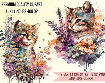 Watercolour Floral Kitten Clipart, Floral Cats Whimsical Clipart Cat Wall art Free Commercial Use, PNG Clipart instant download, POD Allowed
