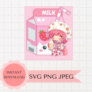 Kawaii Svg Design Descarga instantánea, Lindo astronauta SVG PNG, Linda descarga digital de leche de fresa Anime Invitaciones gráficas editables, Tarjetas