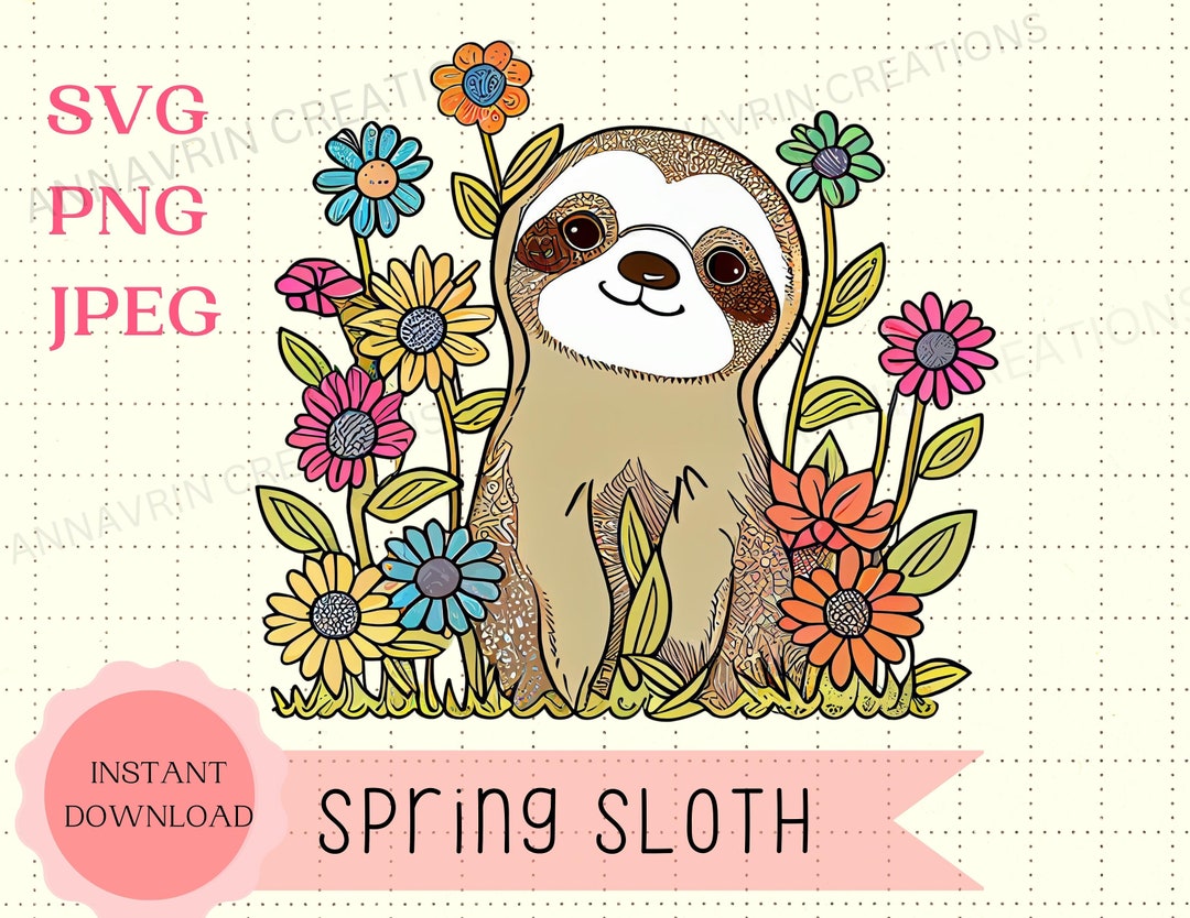 Sloth Spring Background Weighted Sloth Svg Spring Svg Instant Download Canva Cute Sloth Kawaii ...