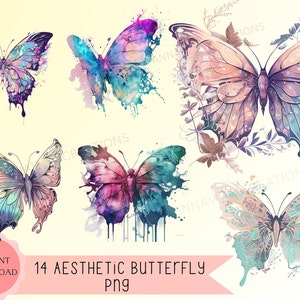 14 Butterflies Clipart High Quality PNG, Nursery Art Card Making, Digital Paper Craft, Butterfly Watercolour Print on Demand, Commercial Use