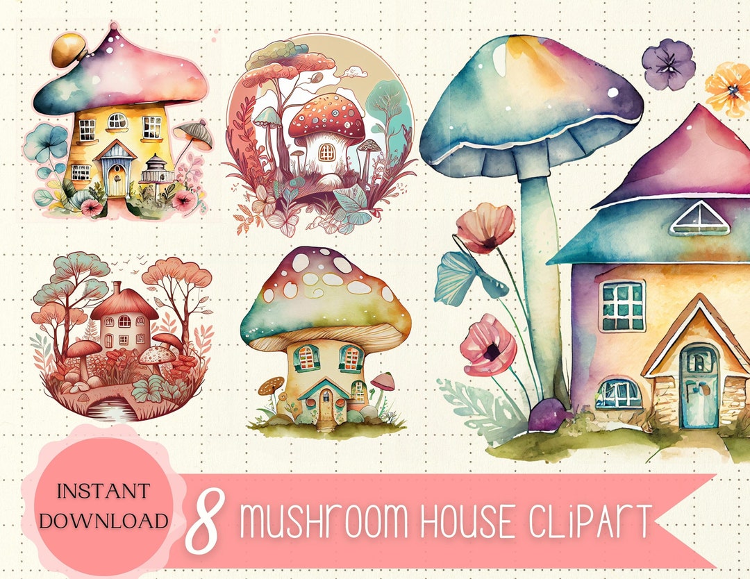 Watercolor Mushroom House Clipart Bundle, Set of 8 Mushroom Cottagecore ...