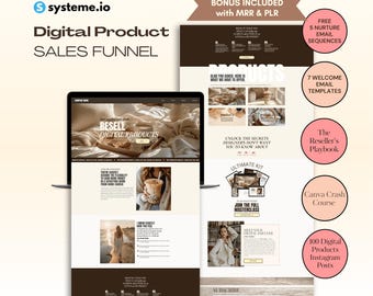 Modelo de funil de produtos digitais Systeme.io, funil de vendas de produtos digitais PLR/MRR, site de landing page para criador de cursos, riqueza digital