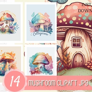 Watercolor Mushroom Cottagecore Clipart Bundle JPG, 14 Mushroom Clipart Cottagecore, Digital Crafting Scrapbooking Junk Journal Magical Art