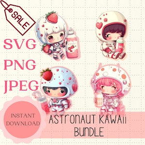 Kawaii Svg Design Bundle Descarga instantánea, Cute Astronaut Svg Cute fresa leche descarga digital Anime Graphic Stickers Tarjetas de invitación