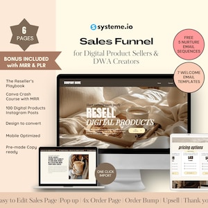 May include: A digital marketing sales funnel design displayed on a computer monitor, laptop, and tablet. The design includes the text "Sales Funnel for Digital Product Sellers & DWA Creators" and "Resell Digital Products". Additional text includes "Easy to Edit Sales Page".