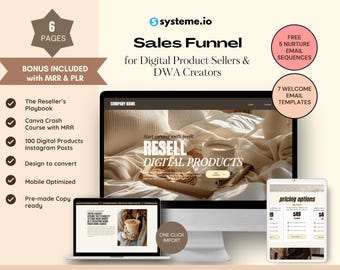 Modelo de funil de vendas Systeme io para produtos digitais MRR PLR, site para criadores de cursos com checkout, revenda de produtos digitais e cursos