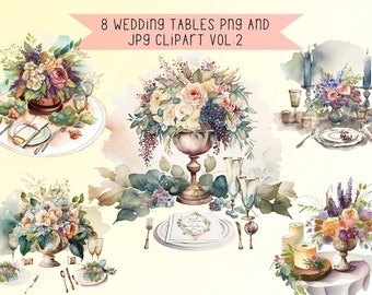 Watercolor Wedding Tables Clipart 8 JPG and PNG Vol 2 Instant Download Wedding Illustration, Invitation Card Making, Party Decor, Wall Art